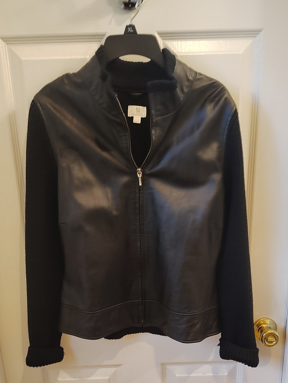 Apt. 9 Black Leather-Front Bomber with Knit Sleeves L